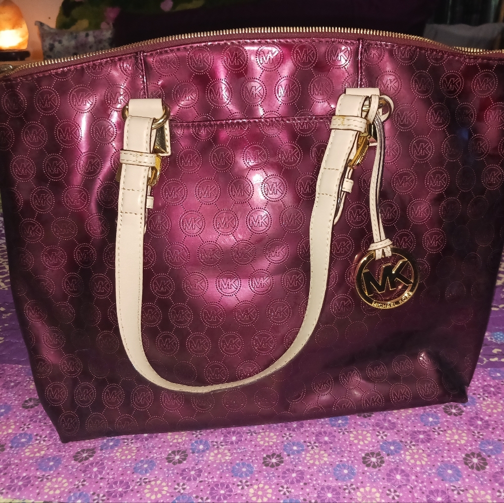 Michael Kors Shiny Burgundy Tote with Gold Accents